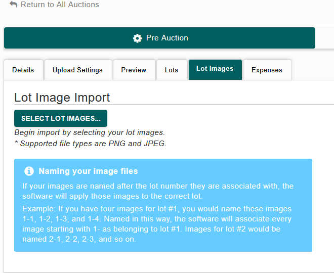 Auction Flex 360 Lot Image Import screen, showing the Select Lot Images button and the image naming explanation