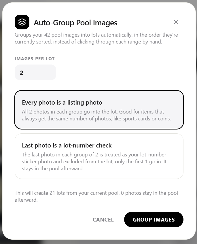 Catalog Caddy Auto-Group Pool Images dialog with Images Per Lot set to 2 and Every photo is a listing photo selected