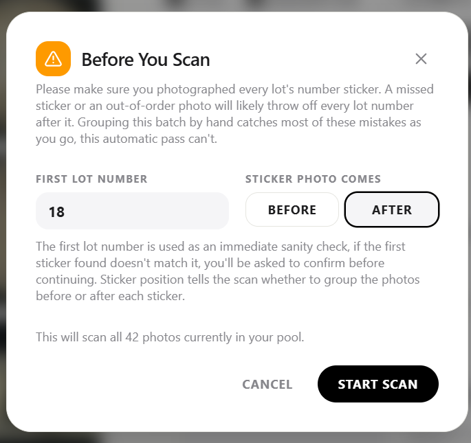 Catalog Caddy Before You Scan dialog with First Lot Number and Sticker Photo Comes Before/After options