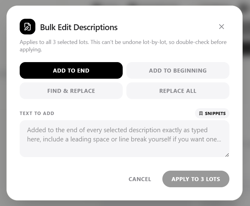 Catalog Caddy Bulk Edit Descriptions modal with Add to End, Add to Beginning, Find & Replace, and Replace All options