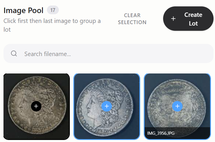 Catalog Caddy image pool with the first photo selected and every photo up to the hovered photo highlighted blue as a live preview