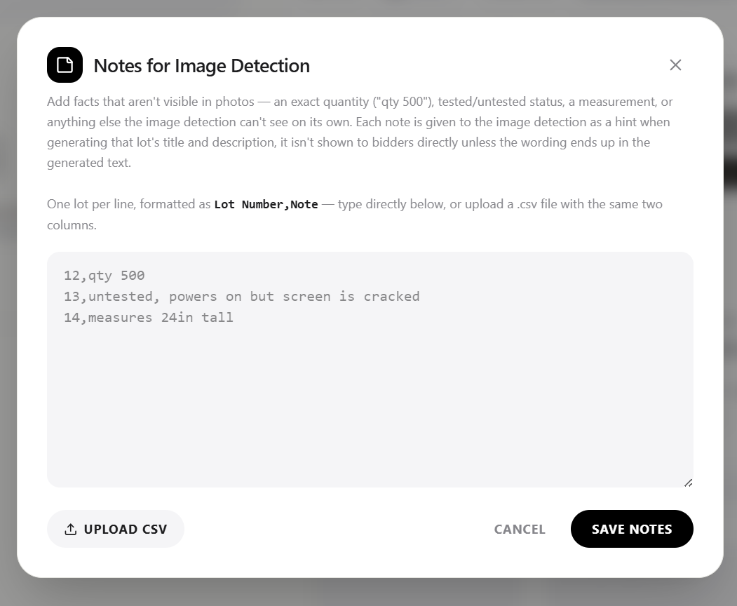 Catalog Caddy Notes for Image Detection modal with example notes like qty 500, untested, and measures 24in tall