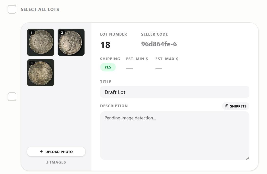 Catalog Caddy Select All Lots checkbox above a lot card