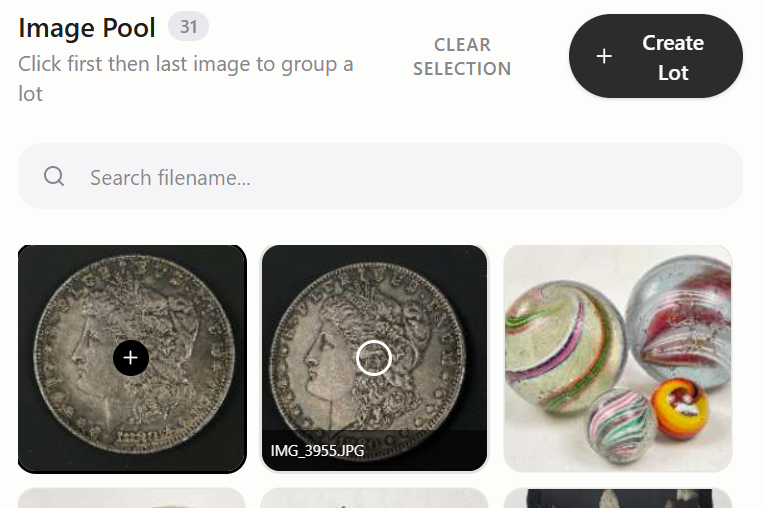 Catalog Caddy image pool showing the first photo selected and the second photo about to be clicked