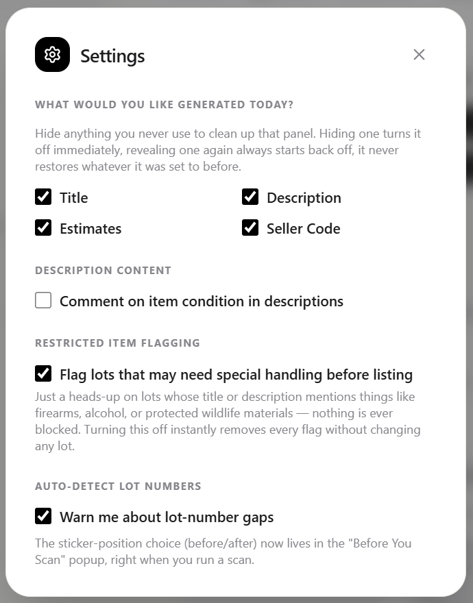 Catalog Caddy Settings panel showing customizable generation options and preferences