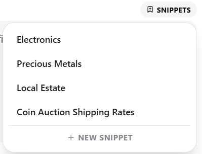 Catalog Caddy Snippets menu showing saved snippets like Electronics, Precious Metals, Local Estate, and Coin Auction Shipping Rates